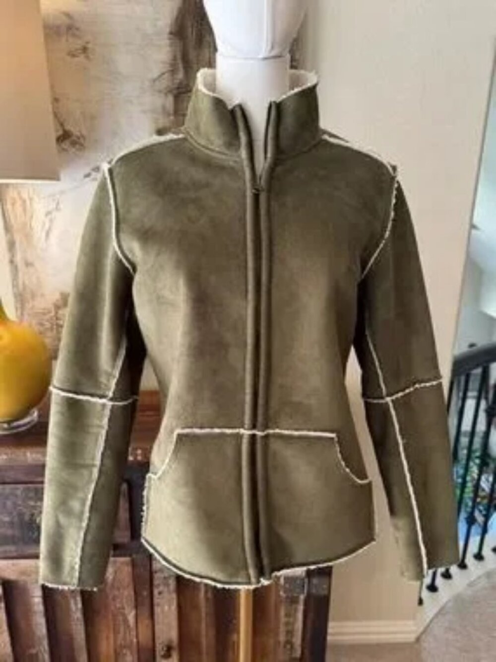 Natural Reflections olive green faux suede and shearling coat. Size medium